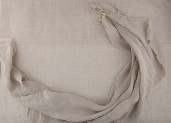 Pure washed linen cloth on linen  background. Natural washed linen fabric  with copy space