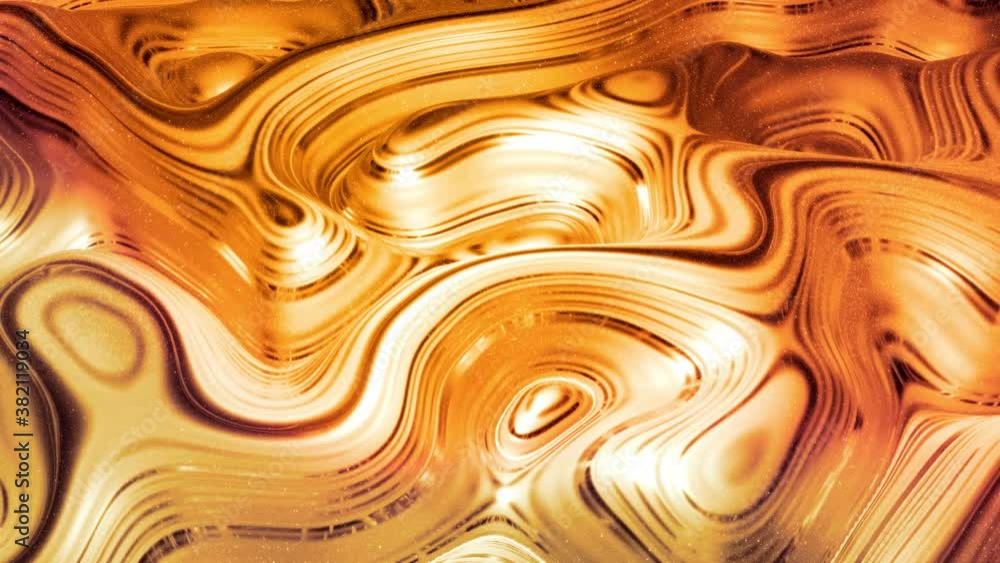 Poster looped abstract background with wavy sparkling golden liquid pattern on shiny glossy surface. viscou