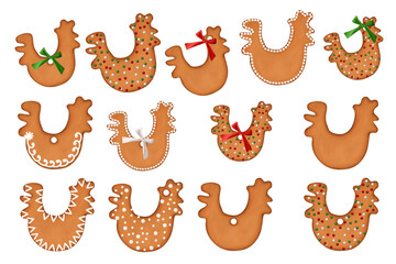 Christmas hen cookies. Clip art set on white background.