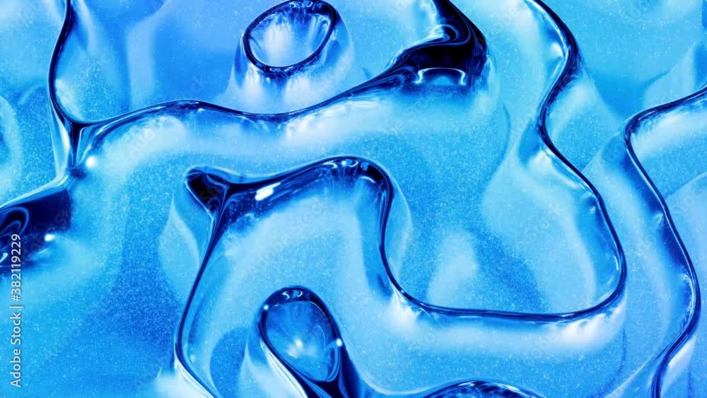 Poster looped abstract liquid background with wavy sparkling pattern on shiny glossy surface. viscous blue 