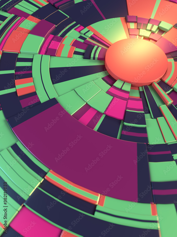 Aufkleber 3d render colorful pattern of circular geometric shapes. Futuristic concept with a depth of field. Digital illustration
