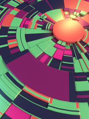 3d render colorful pattern of circular geometric shapes. Futuristic concept with a depth of field. Digital illustration