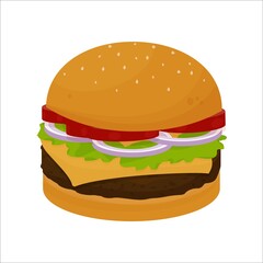 Hamburger Classic Burger American Cheeseburger with Lettuce Tomato Onion Cheese Beef and Sauce Close up isolated on white Background. Fast Food