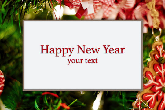 Happy new year festive postcard with Christmas ornament. Holidays and Events backgrounds