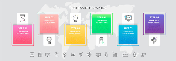 Infographics squares with six steps, icons. Vector template used for diagram, business, web, banner, workflow layout, presentations, info graph, timeline, content, levels, chart, processes diagram
