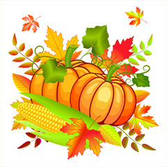 Happy Thanksgiving Day celebration concept with pumpkins. Сorn and leaf decoration are in the background.