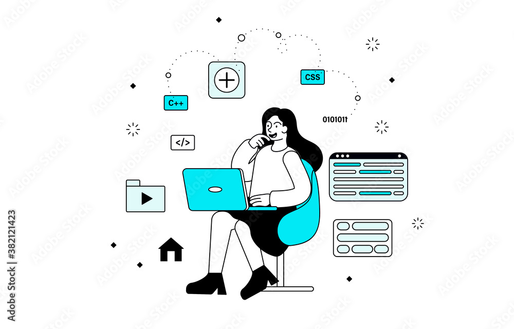 Poster a young girl creating websites on her laptop sorrounded with different programming icons and simbol.