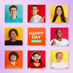 Fototapeta na wymiar Bright portrait of people on multicolored background. Collage made of 8 models. Concept of human emotions, facial expression, advertising. Happy, smiling, cheerful, successful. Diversity. Happy day