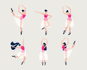 Girls dancers in beautiful dance poses set. Set for the school of dance, ballet, theatrical dance shows. The girls are wearing a beautiful workout suit. Flat vector illustration.