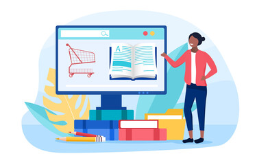 Reading and digital bookstore concept. Colored flat vector illustration