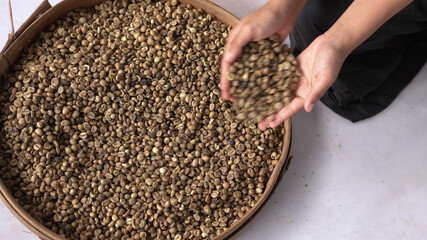 Black coffee beans in a basket and a woman's hand