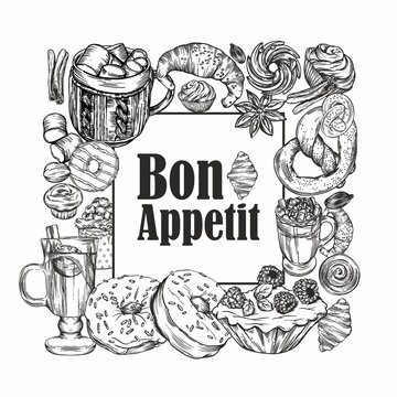 Line drawing style. Delicious pastries, croissants, cookies, donuts, muffins, hot coffee and mulled wine. Images for menus and banners. Postcards Bon appetit.