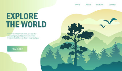 Scenic landscape banner for travel Agency advertising. Vector illustration. Landing page or web page template.