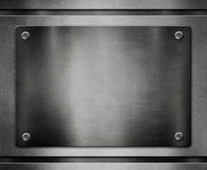  Metal plates with rivets on steel background. Great template for design. 3D illustration