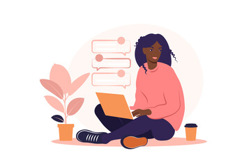 African woman sitting with laptop. Concept illustration for working, studying, education, work from home, healthy lifestyle. Can use for backgrounds, infographics, hero images. Flat. Vector.