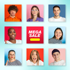 Fototapeta na wymiar Bright portrait of people on multicolored background. Collage made of 8 models. Concept of human emotions, facial expression, advertising. Happy, smiling, cheerful, successful. Diversity. Mega sale