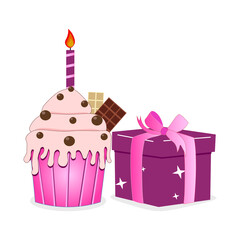 Birthday cupcake with candle and gift box for girl.  Perfect for greeting cards, party invitations, posters, stickers, pin, scrapbooking, icons. Vector illustration