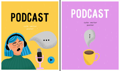 International podcast day. Set of vector posters on the topic in podcasting in cartoon style with funny vector podcasting texture elements. Talking girl, tea, radio host, microphone, play icon.