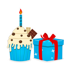 Birthday cupcake with candle and gift box. Perfect for greeting cards, party invitations, posters, stickers, pin, scrapbooking, icons. Vector illustration