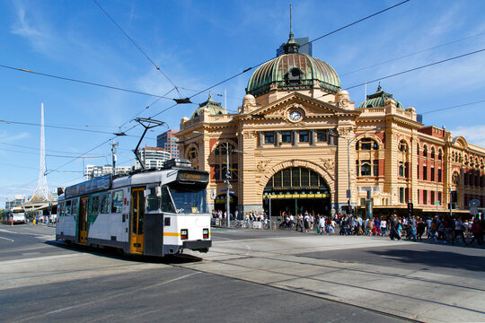 Melbourne, Australia: April 07, 2018: A tram pass Flinders Street Station in Federation Square.
