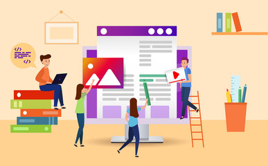 On the desktop, little men draw and create a landing page. On the table books, a computer, a Cup with pencils and pens. Illustration design website.