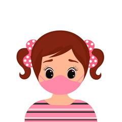 Kid girl with protection mask flat vector illustrations. Child wearing medical mask to prevent disease, flu, air pollution, contaminated air, world pollution