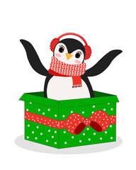 vector cute cartoon penguin. Vector illustration. Perfect for greeting cards, party invitations, posters, stickers, pin, scrapbooking, icons.Christmas gift