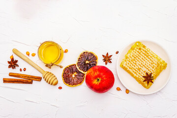 Apple pie baking concept with ripe fruits, fresh honey, fragrant spices and healthy ingredients