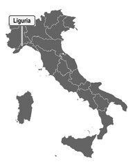Landkarte von Italien mit Ortsschild von Liguria