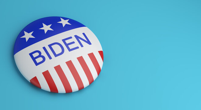Bengkulu, Indonesia - October 02, 2020: Vote election campaign badge button Biden on blue background, copy space text, 3D rendering illustration.