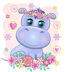 Cute hippo cartoon with beautiful eyes hand-drawn illustration. print t-shirts, baby clothes fashion design