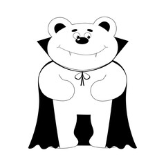 Cute pleased bear in costume of vampire. Halloween cartoon vector illustration for children. Black and white.
