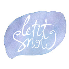 lettering congratulation on a watercolor background texture clouds stain water blurred let it snow blue purpur new year merry christmas