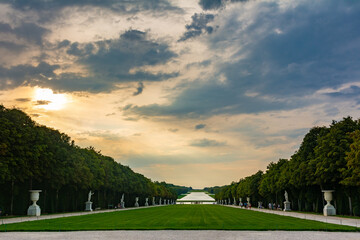 Panorama of Versailles Gardens at sunset