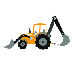 Vector illustration of a yellow tractor. Excavator, bulldozer and tractor. Cute stylized tractor. Village, farm. Construction.
