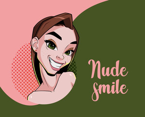Nude smile girl with green eyes art illustration. 