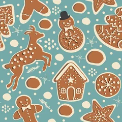 Gordijnen Cute Winter Seamless Pattern with gingerbread cookies. © Kristina