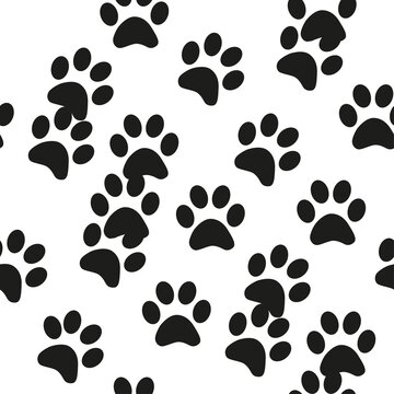 Black and white seamless pattern with paw prints. Abstract background, animal footprint, illustration.