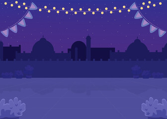 Nighttime Indian plaza flat color vector illustration. Lantern lights for holiday celebration. Public area for festival. Night modern 2D cartoon cityscape with skyline on background