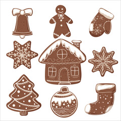 A set of different Christmas gingerbread cookies with glaze. Bell, man, house, sock, snowflakes, tree, ball and mitten. - obrazy, fototapety, plakaty