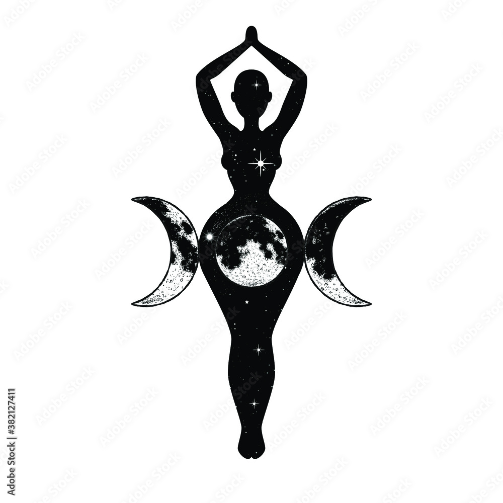 Wall mural Triple Goddess, beautiful woman figure respresenting moon cycles, Wiccan traditional symbol. Vector illustration