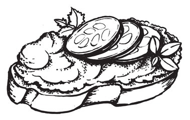 hand draw line art illustration, food, sandwich from bread, cucumbers, herbs, sause