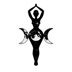 Triple Goddess, beautiful woman figure respresenting moon cycles, Wiccan traditional symbol. Vector illustration