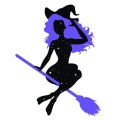 Witch silhouette riding the broom, sexy woman, vector illustration