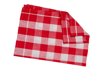 Fototapeta na wymiar Towels isolated. Close-up of red and white checkered napkin or picnic tablecloth texture isolated on a white background. Kitchen towel.