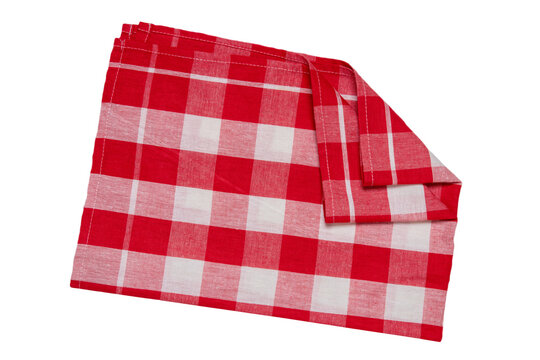 Towels Isolated. Close-up Of Red And White Checkered Napkin Or Picnic Tablecloth Texture Isolated On A White Background. Kitchen Towel.