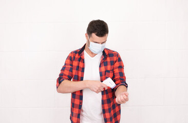 Man measuring himself infrared thermometer a healthy man's normal body temperature for coronavirus....