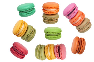 Pastries, desserts and sweets. Collage set of a various multicolored original french macaroon cookies isolated on a white background. Such as green pistachio, yellow lemon, red strawberry, brown choco