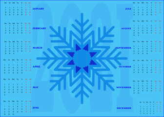 The calendar for 2021 is blue with a snowflake in the center.
