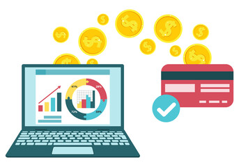 Transaction. Money transfer from laptop to wallet. Vector, cartoon illustration.